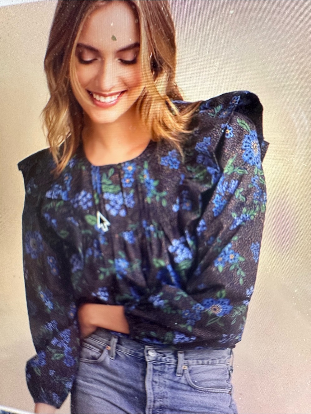 Women's Black Floral Puff-Sleeve Blouse - Blue Floral Print by Summersault.